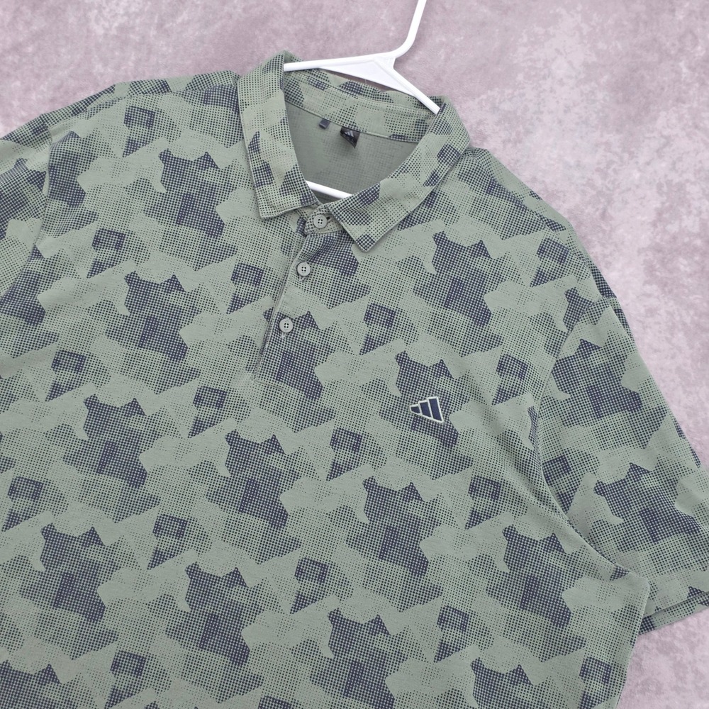 Adidas Golf Polo Shirt Mens 2XL Green Camo Geometric Dot Print Short Sleeve